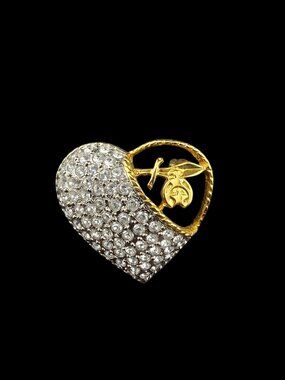 Vintage Butler Pave Heart Brooch With Gold-Tone Rose Detail And Rhinestones